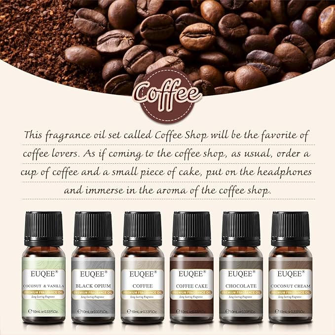 EUQEE 6PCS Coffee Fragrance Oil Set(10ml), Premium Fragrance Essential Oils Set for Candle Making, Diffuser-Coffee, Chocolate, Cake, Coconut Cream, Coconut & Vanilla