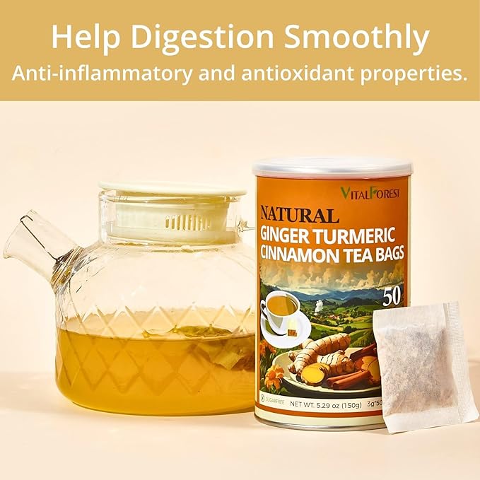 50 Premium Turmeric Ginger Cinnamon Tea Bags| Vitalforest Natural Ginger Tea Bags| Pure Turmeric Tea| Herbal Cinnamon Tea| Supports Digestion, Caffeine Free