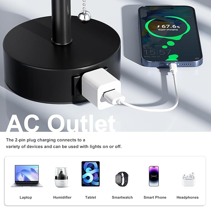 Fenmzee Grey Bedside Table Lamps Set of 2-3 Color Temperatures Pull Chain Lamp with AC Outlet Charging Port, Round Night Stand Lamps for Bedroom Office, Small Bed Side Light with E26 LED Bulbs