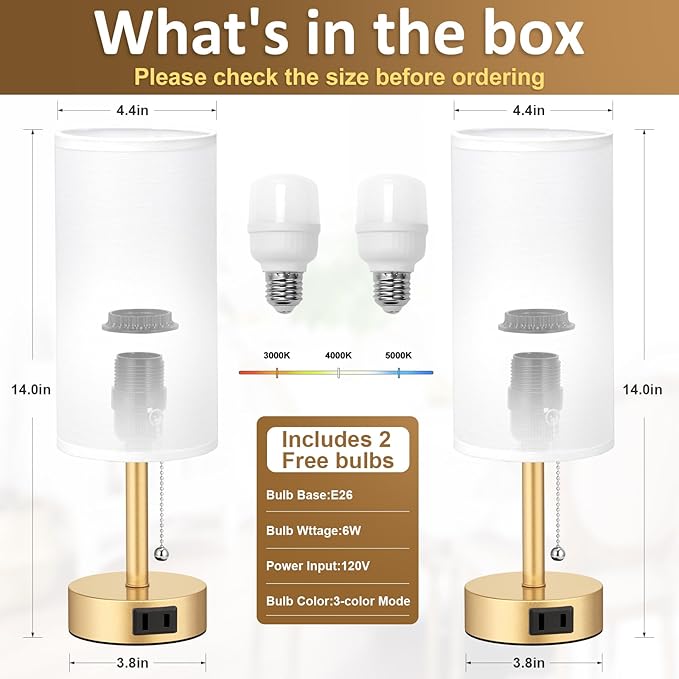 Fenmzee Gold Bedside Table Lamps Set of 2-3 Color Temperatures Pull Chain Lamp with AC Outlet Charging Port, Two Round Night Stand Lamps for Bedroom Office Living Room