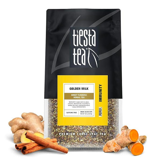 Tiesta Tea - Golden Milk, Loose Leaf, Sweet Turmeric Herbal Tea, Premium Non-Caffeinated Herbal Blend, Make Hot or Iced, Brews Up to 200 Cups, 16 oz Resealable Bulk Pouch