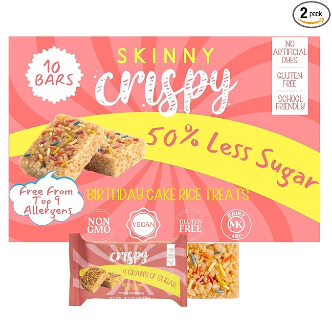 Skinny Crispy Birthday Cake Rice Treats – Low Sugar (4g), Vegan, Gluten-Free, Dairy-Free, Non-GMO, Top 9 Allergen-Free, Healthy Snack Bars, 10 Count
