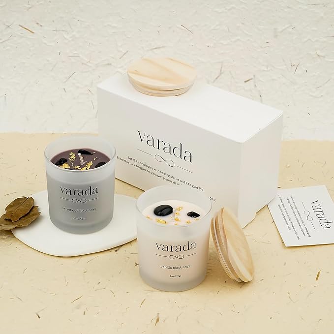 Aromatherapy Soy Candle Gift Set. 24K Gold Foil and Black Onyx -80 Hours of Clean Burn. Vanilla and Velvet Oud. Stess Relief. Relaxation. Manifestation. Birthday. Appreciation.