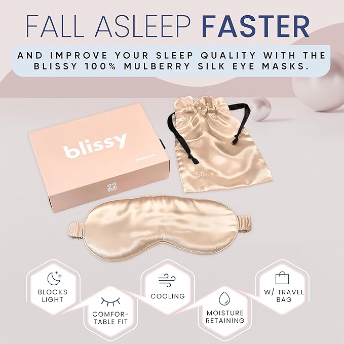 Blissy Silk Sleep Mask - Eye Sleeping Mask for Women & Men for Total Blackout - 100% Pure Mulberry Silk, 22 Momme 6a Fibers - Blindfold Sleep Mask Side Sleeper Eye Cover (Champagne)