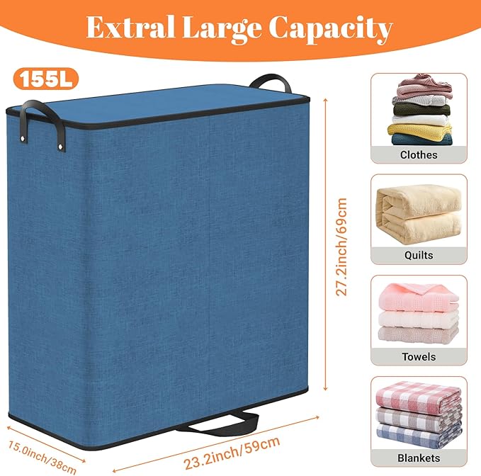 Large Double Laundry Hamper with Lid, Removable Bags & Reinforced Handles, 2 Section Tall Laundry Basket, Dirty Clothes Hampers for Laundry Room, Bedroom, Bathroom, Dorm, 155L, Blue