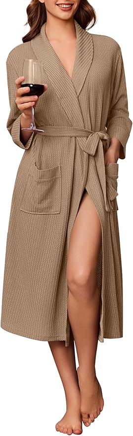 Ekouaer Robes for Women Long Waffle Knit Bathrobe Lightweight Kimono Robe Soft Shawl Collar Spa Robes with Pockets S-XXL