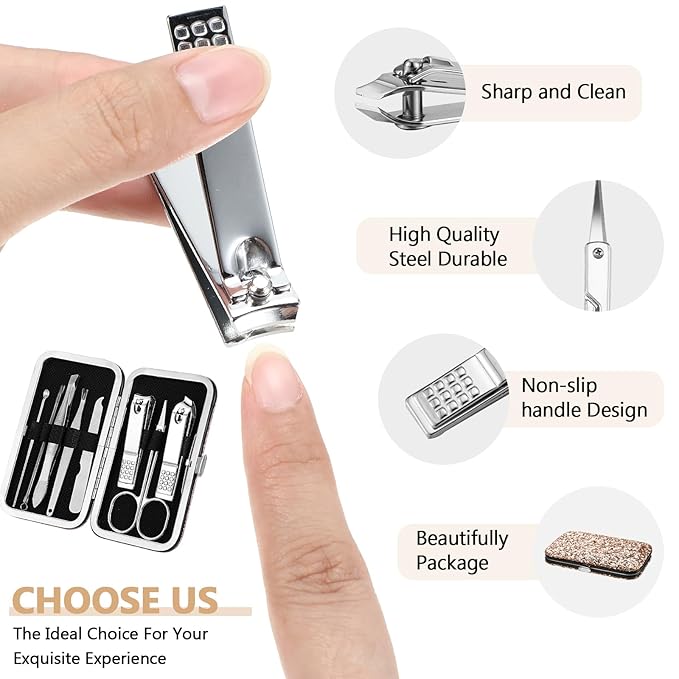 Geosar 12 Set 8 in 1 Manicure Set Stainless Steel Nail Clippers Kit Pedicure Care Tools with Leather Case Travel Grooming Kit Gift for Women Men(Glitter Rose Gold)