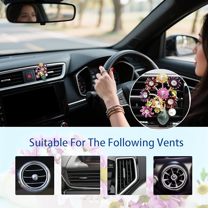 Flower Car Decor,Cute Dasiy Bird Vase Car Air Freshener Vent Clips,Alloy Colorful DashBoard Vent Decorations Aesthetics for Women,Refillable Aroma Diffuser