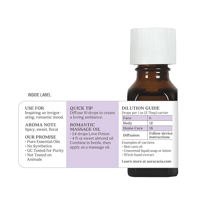 Aura Cacia Love Potion Essential Oil Blend | Romantic Aromatherapy with Jasmine, Ylang-Ylang, Sandalwood, Patchouli, Mandarin, Lemon, Cardamom, Vetiver | 0.5 Fl Oz (Pack of 1)