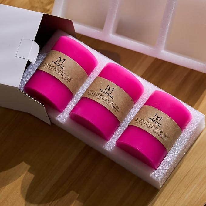 MOZEAL 3" x 6" Hand-Poured Unscented Candle, Dripless Pillar Candle Set of 3, Long Lasting Burning, Approx 120 Hours Burn Time, Rustic Country Style, for Spring Celebrations, Vibrant Energy, Hot Pink