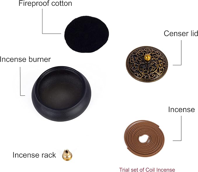 Cone Incense Burner Gift Set – Ceramic Burner with Metal Lid, Holder & Fireproof Cotton – for Stick, Cone & Coil (Black)
