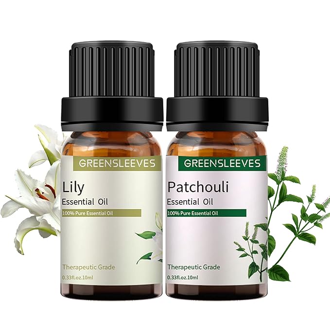 GREENSLEEVES Patchouli Lily Essential Oil Set, 2 x 10ml Pure Plant-Based Fragrance Oil for Aromatherapy, Essential Oils for Diffuser, Massage, Bath Bomb, Scented Candle Soap Making