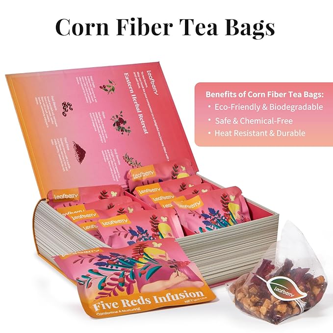 Five Reds Tea for Rejuvenates Energy, Leafberry Sampler Wellness Functional Herbal Tea Detox Boosts Immunity Awaken Rose Jasmine Red Dates Beans 10 Bags Box Teas Drinkers Gifts for Women