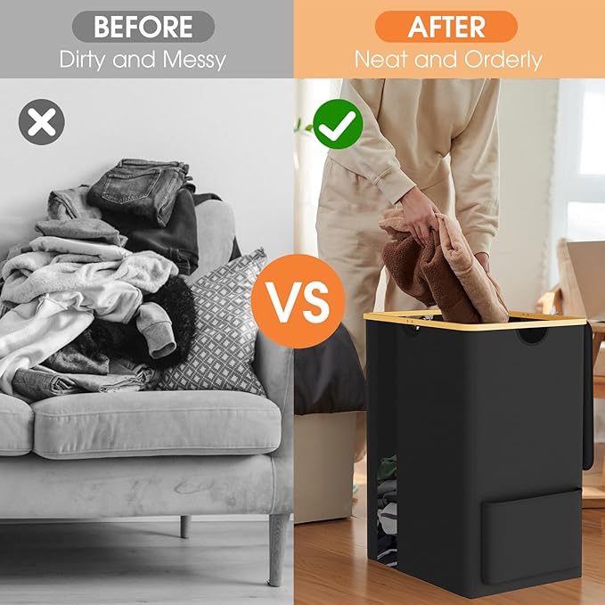 Laundry Basket Clothes Hamper with Lid and Side Pocket Large Collapsible Laundry Baskets with Handle, Freestanding Hampers for Bedroom Aesthetic, Dorm, Bathroom, Laundry Room (150L, Black)