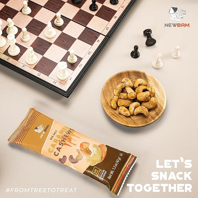 NEWBAM Sea Salt Caramel Cashews Individual Packs - 12 Cashew Snack Packs Roasted Nuts (1.5oz Each) – Keto, Vegan, Gluten-Free - Healthy Snacks for Trail Mix, Office, or Party - Lightly Salted, Sweet Tasty