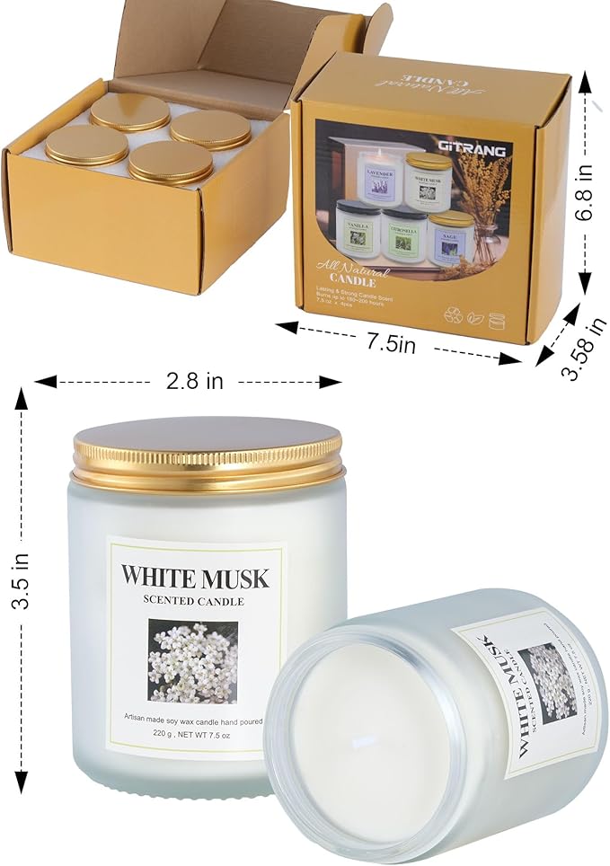 4 Pack White Musk Candle Set, 30 oz 200 Hour Home Aromatherapy Jar Candles, Long Lasting Aromatherapy Candles for Bedrooms Yoga Rooms Lounges Gardens Patios Balconies and Camping