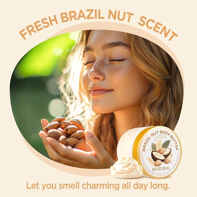 Brazil Nut Body Butter, Brazilian Body Butter Cream for Dry Skin, Womens and Mens Body Care, Natural Shea Butter for Deep Moisturizing and Hydrating-3.4floz+6.8 floz