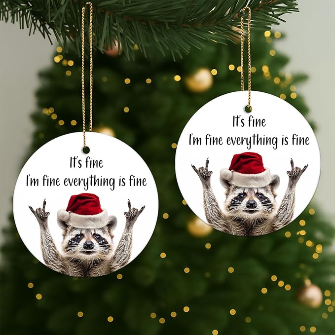 34HD Gifts for Christmas, Raccoon Christmas Ornament Ceramic 2-Side Printed, Gifts for Raccoon Lovers, Women, Men, Friends, Christmas Decorations