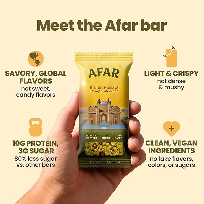 Afar Savory Protein Bars – Low Sugar, High Protein – Healthy Snacks for Adults – Meal Replacement Bar – Rice Crispy Texture – Vegan, Gluten Free (8 Bars, Indian Masala)