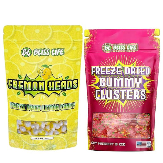Bliss Life Freeze Dried Gummy Clusters 3oz & Fremon Head 4oz Bundle, Colorful Chewy Snacks, ASMR Sour Candy Experience, Fun Treats for Kids