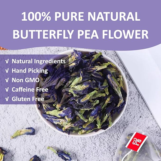 Ovikaso Tea, Butterfly Pea Flower Tea Bags, 50 Pyramid Tea Bags, 1.3g/bag, 100% Natural, Non-GMO, No Caffeine, Brew Hot or Iced tea, Baking, Cocktail, Herbal Tea