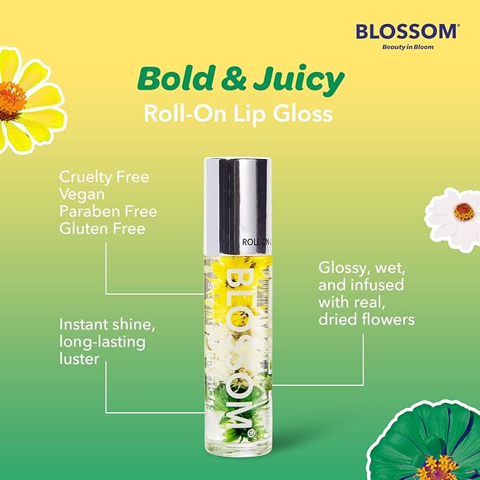 Blossom Roll on Lip Gloss, Scented Clear High Shine Moisturizing Lip Oil, Non Sticky, Infused with Real Flowers, Made in USA, 0.2oz, Pineapple