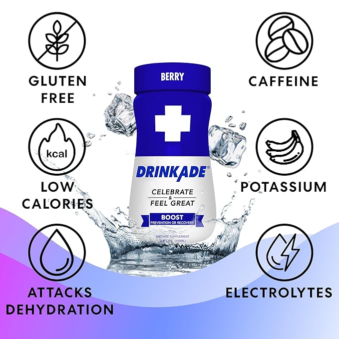 DrinkAde Boost – The Day After Drink, Immunity & Energy Support Hydration & Recovery Drink with Caffeine, Electrolytes, B Vitamins & Green Tea Extract – Sugar Free, 5 Calories, Vegan, Non-GMO (24 Pack)