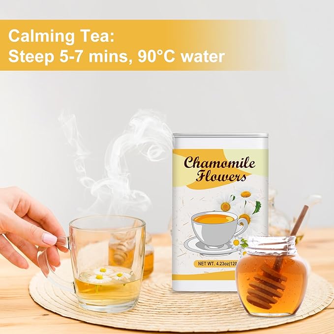 4.23oz Premium Dried Chamomile Flowers – Natural Whole Loose Chamomile for Tea, Baking, Crafts & Gifts, No Additives, Airtight Tin for Gifting (120g)