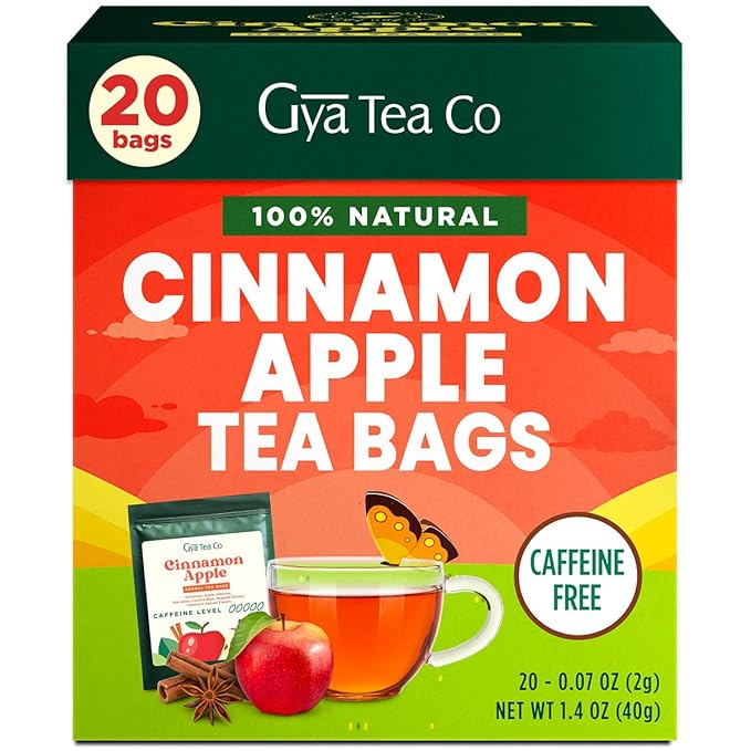 Gya Tea Co Cinnamon Apple Herbal Tea Bags (20 Bags) - Caffeine Free with a Tangy Flavor for All Day Comfort, Calming, Relaxing & Nourishing - Fruit & Herbal Blends