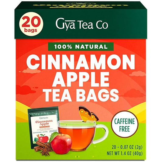 Gya Tea Co Cinnamon Apple Herbal Tea Bags (20 Bags) - Caffeine Free with a Tangy Flavor for All Day Comfort, Calming, Relaxing & Nourishing - Fruit & Herbal Blends