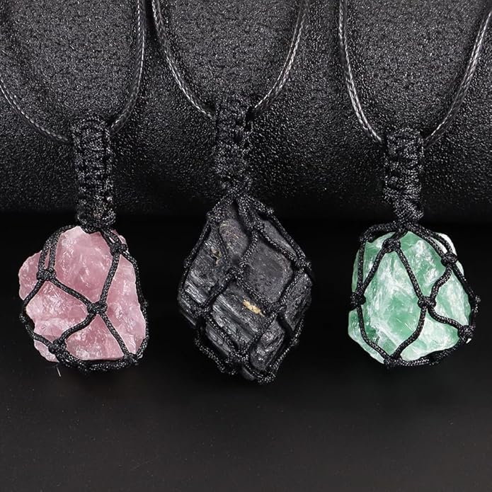 Handmade Natural Gemstone Crystal Pendant Necklace Stone Holder Necklace Cord Net Necklace with Adjustable Length for Women Men