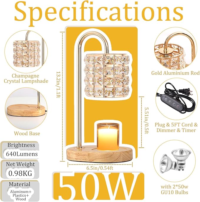 Candle Warmer Lamp, Wax Warmer Lamp with 2 Bulbs, Timer & Dimmer 7-Levels, Candle Top Melting Compatible Jar Candles, Glass Candle Heater Lamp for Scented Wax, Gifts for Mom Home Decor (Amber)