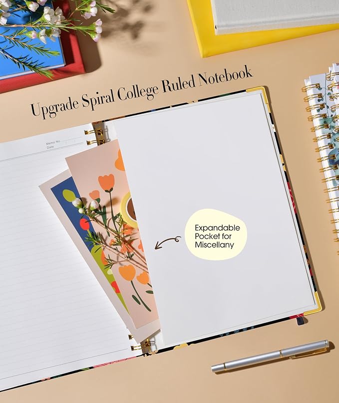 Cute Spiral Notebook Journal for Women, 160 Pages Lined Notebooks 5.75” x 8.38”, A5 Hardcover Spiral Journals with 100 GSM Thick Paper, College Ruled Notebook for Writing Work School, Rose Floral