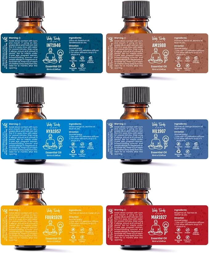 VTS Waterless Diffuser with Hotel Scent Essential Oils Set, Top 6 Aromatherapy Oil Blends for Diffusers, Home Fragrance Air Freshener