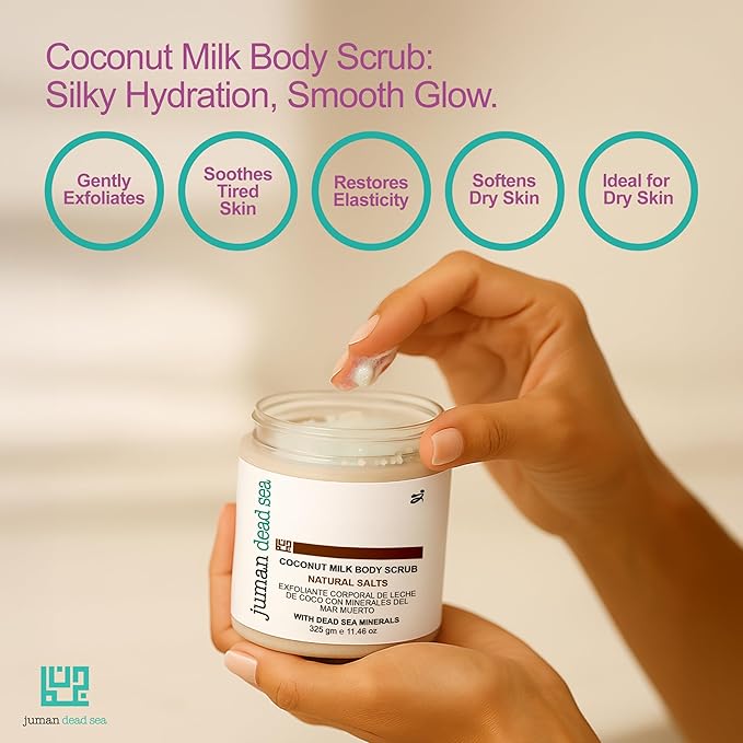 Juman Dead Sea Minerals Premium Coconut Milk Body Scrub | Infused with Essential Oil & Nutrients | Coconut Mineral Salt Scrub | Great for Dry Skin | SlS & Paraben Free | Vegan | 11.46 Oz