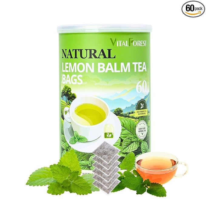 60 Lemon Balm Tea Bags - VitalForest Dried Lemon Balm Leaves Tea -1.5g/Bags, Calming Herb, Stress Relief & Sleep Support, Non-GMO, Caffeine-Free