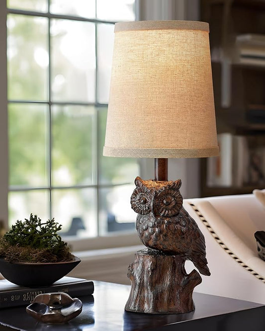 14.25" Small Table Lamp for Living Room Farmhouse Bedside Resin Single Lamp with Brown Owl Lamp Shape for Bedroom Retro Rustic Nightstand Lamp