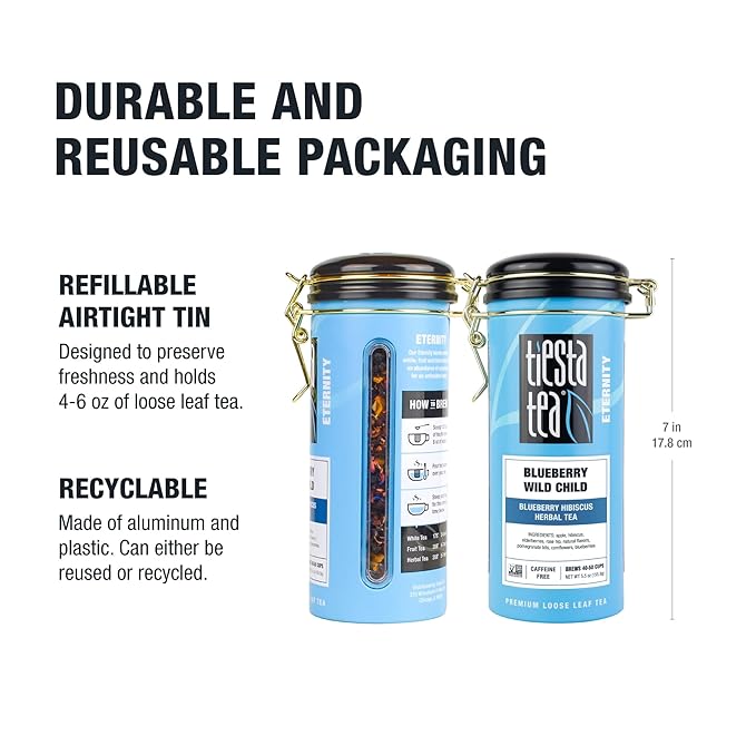 Tiesta Tea - Blueberry Wild Child, Loose Leaf, Blueberry Hibiscus Herbal Tea, Premium Non-Caffeinated Blend, Hot or Iced & Brews Up to 250 Cups, 16oz Bulk Pouch & 5.5oz Refillable Tin Combo