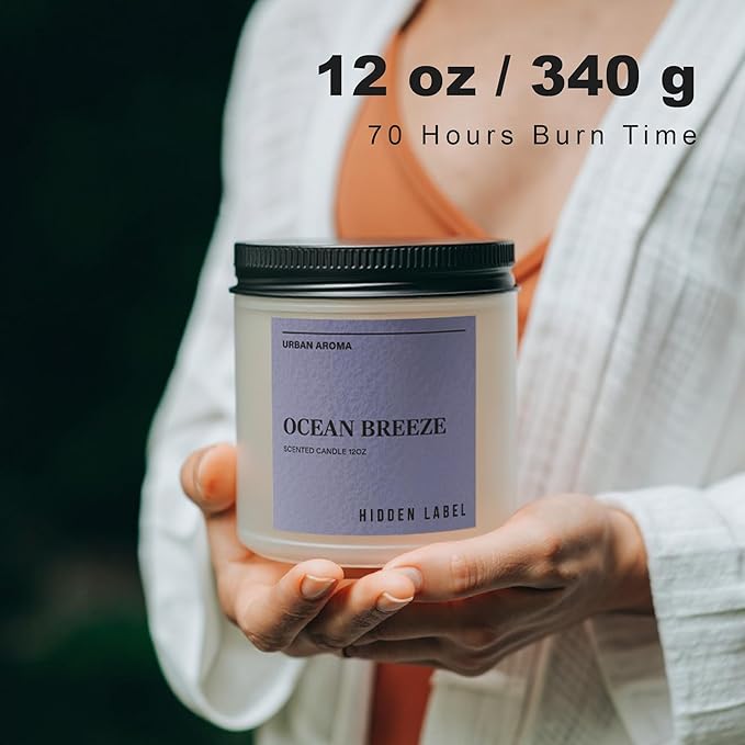Hidden Label Ocean Breeze Scented Candle, 12oz 2 Wick Natural Soy Non Toxic Candles, Clean Burning Long Lasting Aromatherapy for Home | Gifts | Décor,Premium Scents for Relaxation & Stress Relief