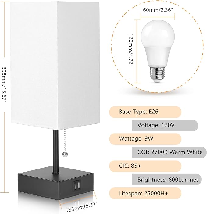 GGOYING Pull Chain Table Lamp, Bedside Lamps with 2 USB Charging Ports, 2700K LED Bulb, White Linen Lampshade for Living Room, Dorm, Office, Home
