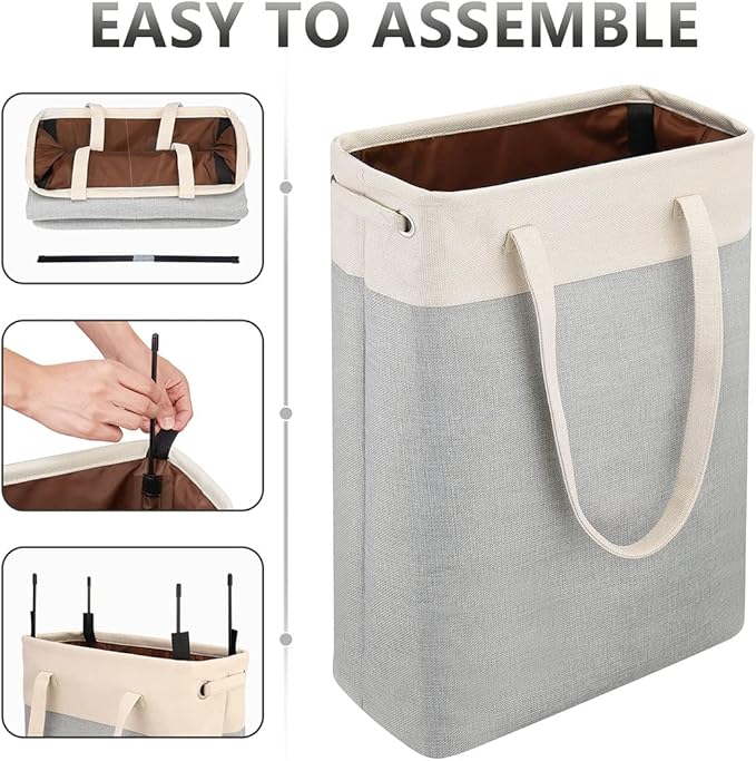 i BKGOO Laundry Basket with Handles Beige&Silver Slim Laundry Bin Collapsible Dirty Clothes Basket Narrow Laundry Bag Foldable Dirty Hamper for Camping, Dorms, Apartments