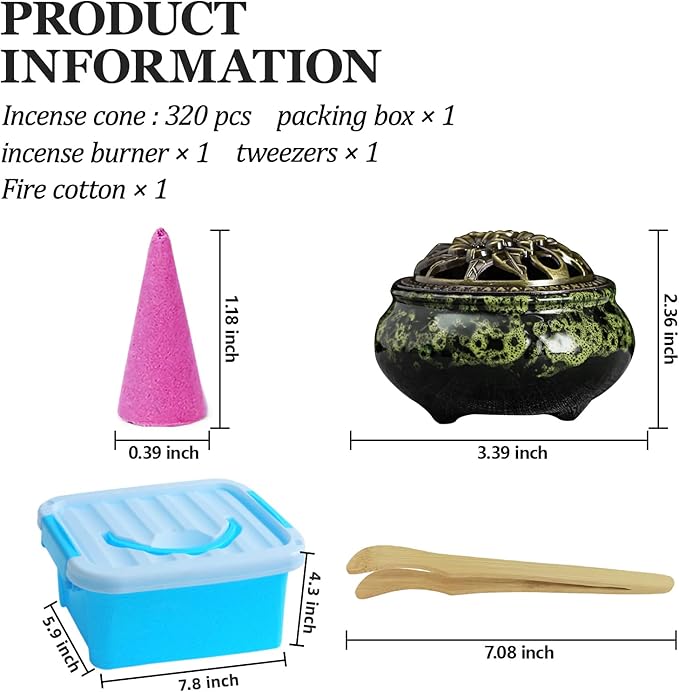 Incense Cones， 8 Mixed (320 Cones Total) Cone Incense Scents, and A Ceramic Incense Burner. Natural Scent Cone， for Meditation, Yoga, Purification, and Aromatherapy.