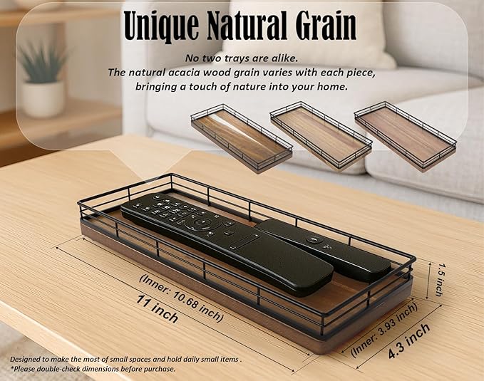 Acacia Wood Bathroom Vanity Tray, 11" L Small Countertop Tray for Dresser, Table, Kitchen Counter, Coffee Bar