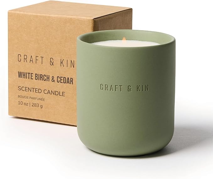 Craft & Kin Scented Candles - White Birch & Cedar | 10oz Soy Blend with Cotton Wick | Long-Lasting Fall Candles, 40-Hour Burn | Ceramic Jar, Perfect Fall & Winter Home Scent