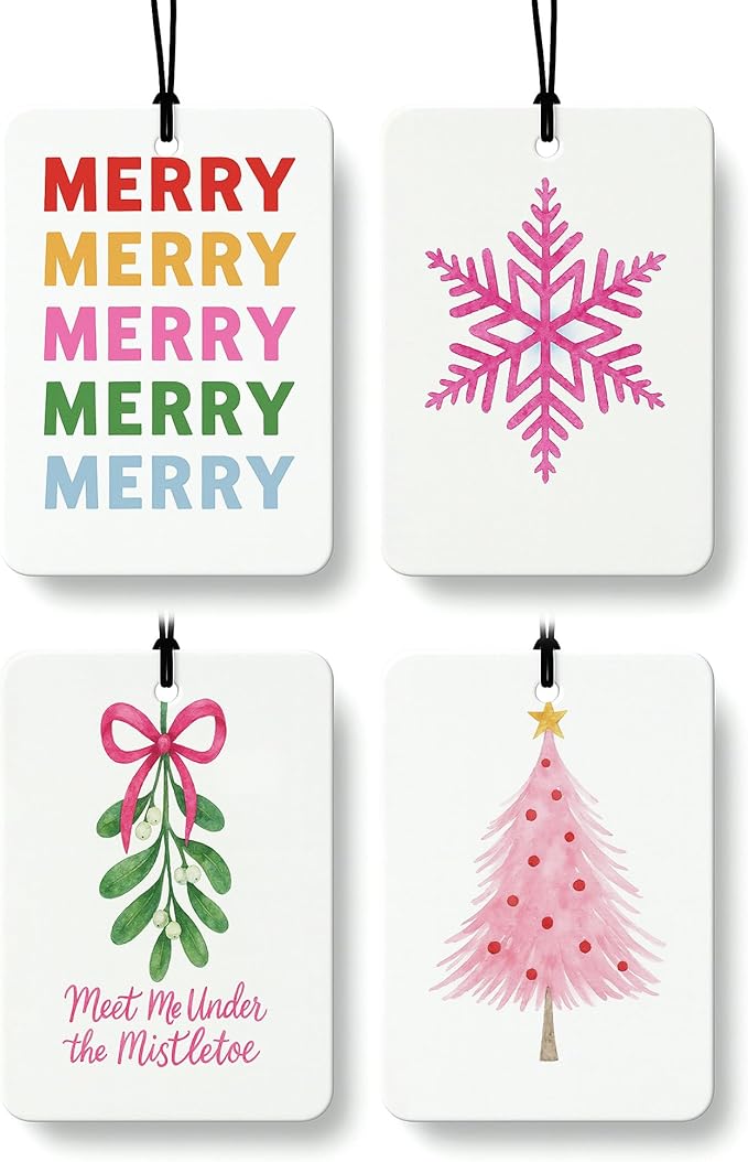 Pink and Green Christmas Berry Car Air Freshener 4 Pcs, Christmas Snowflake Mistletoe Tree Hanging Air Freshener for Cars Closet Drawer Books, Xmas Car Accessories Mirror Decor for Women Girls