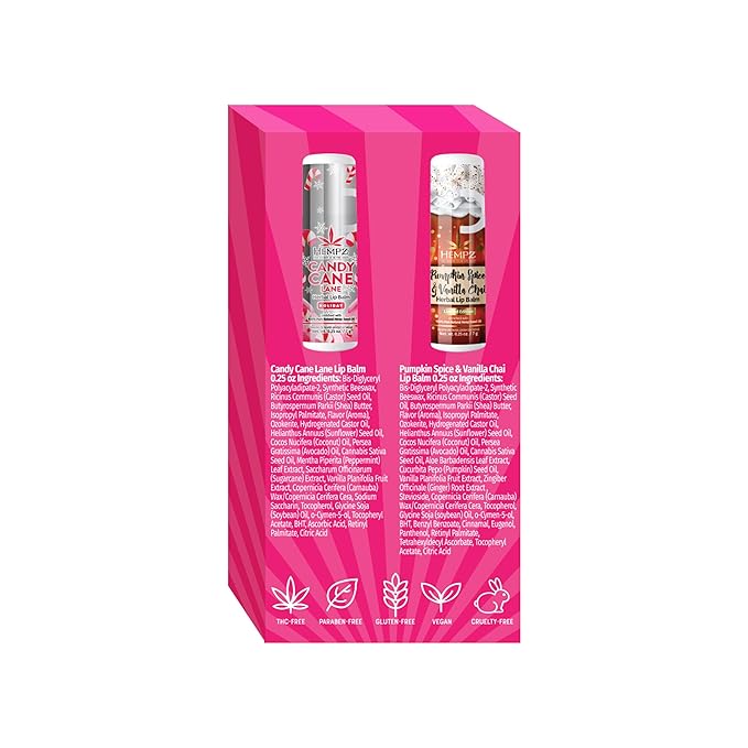Hempz Fall Lip Balm, Limited Edition 2-Pack, Pumpkin Spice and Peppermint Candy Cane, Hydrating Lip Care for Men and Women, .25 oz tube
