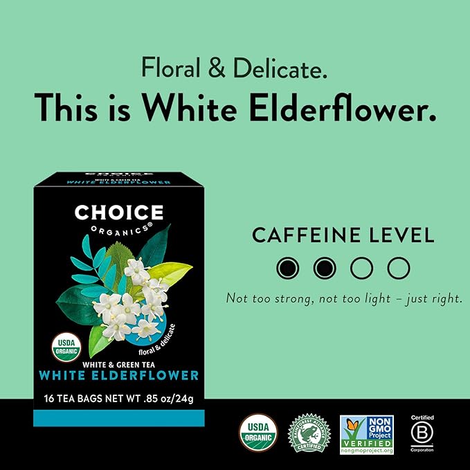 Choice Organic Teas Green Tea and Herbal Tea Variety Pack Sampler - Includes Japanese Green, Jasmine Green, White Elderflower - Compostable - 48 Organic Tea Bags (Pack of 3)