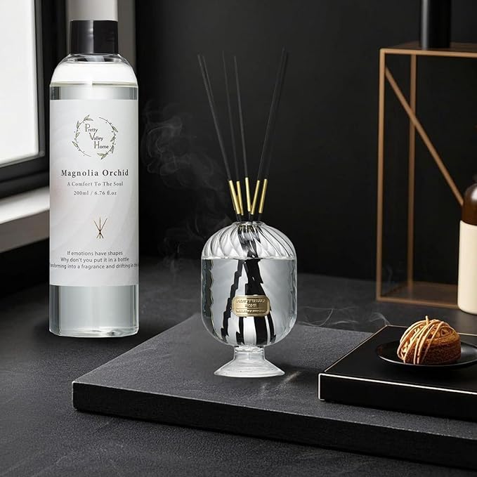 Reed Diffuser Set, Pretty Valley Home Diffuser 200Ml / 6.76 fl OZ Gift Box - Includes Reed Diffuser Sticks, Long Lasting Fragrance Oil and Glass Bottle for Office Living Room Decor (Magnolia Orchid)