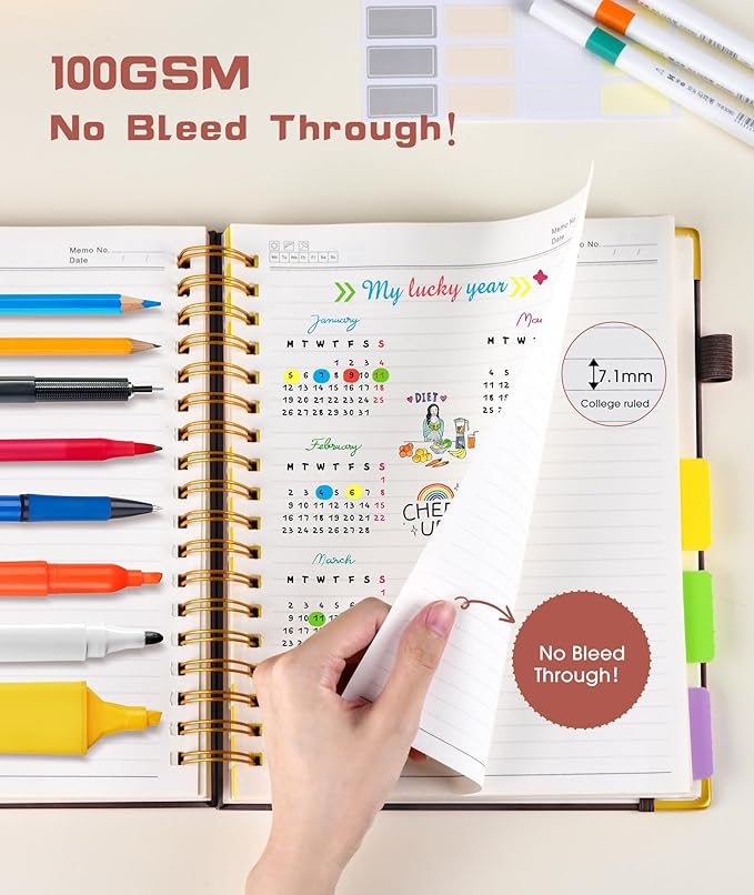 Hardcover Spiral Notebook journal with Removable Dividers Tabs, 300 Pages Leather 5 Subject Notebook College Ruled, 100GMS A5 Notebooks for Work School Note taking,Lined Journal for Women,A5 Brown