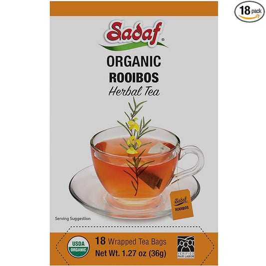 Sadaf Organic Rooibos Tea - Rooibos Tea Bags - Caffeine-Free and Antioxidant Herbal Tea - Halal - Kosher - 18 Wrapped Tea Bags